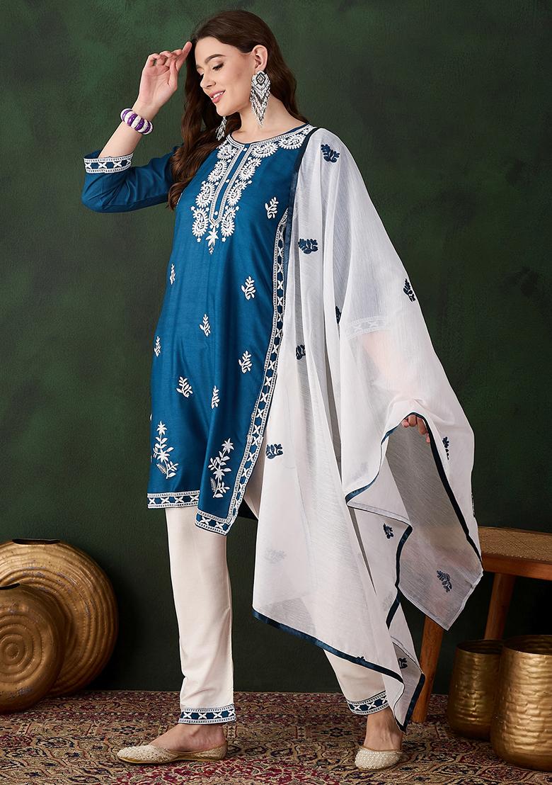 Teal Blue Embroidered Silk Salwar Kameez