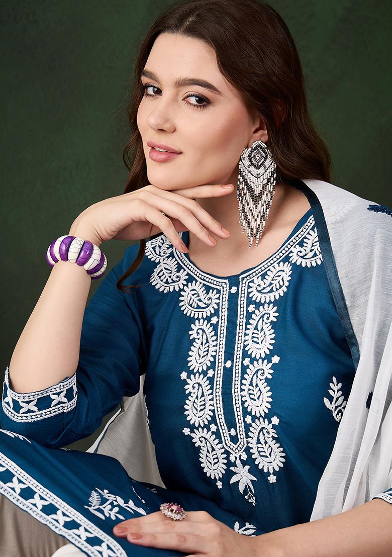 Teal Blue Embroidered Silk Salwar Kameez