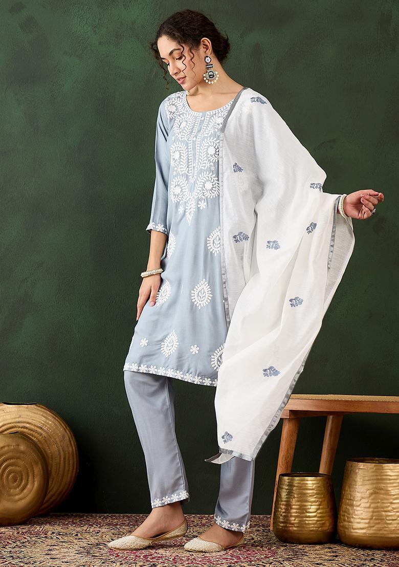 Grey Embroidered Silk Salwar Kameez