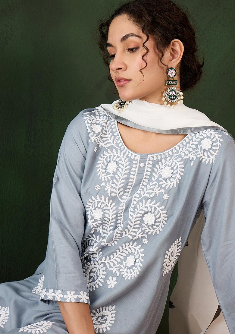 Grey Embroidered Silk Salwar Kameez