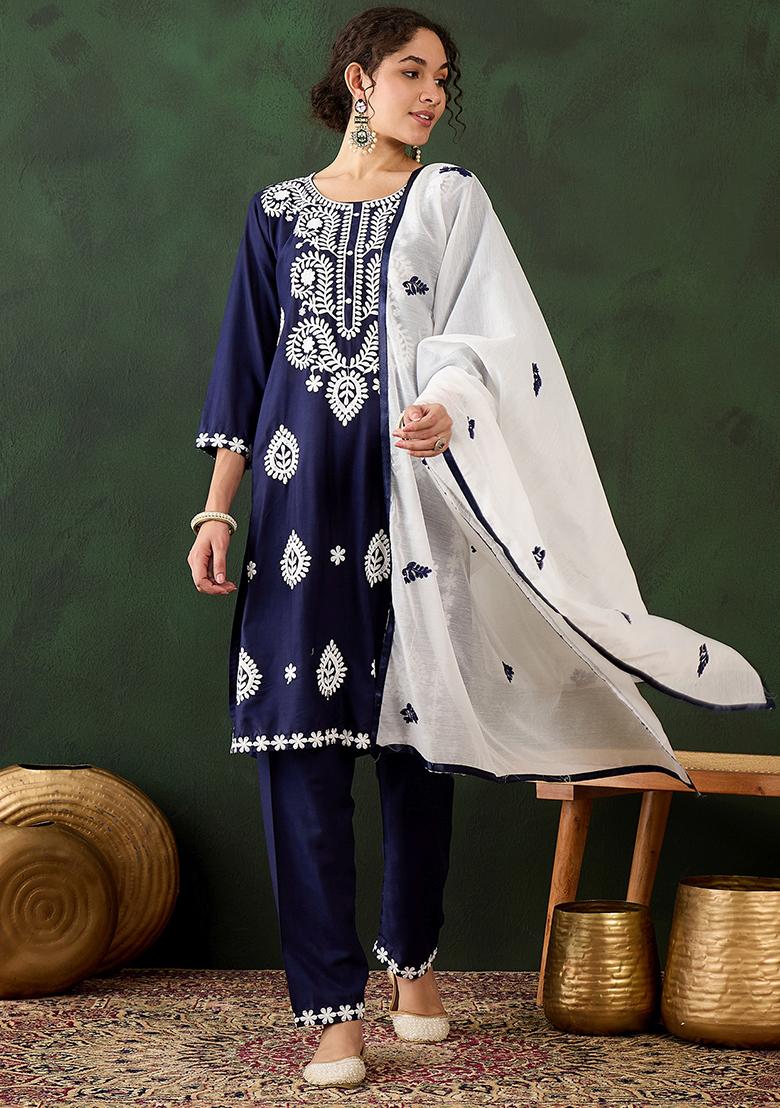 Navy Blue Embroidered Silk Salwar Kameez