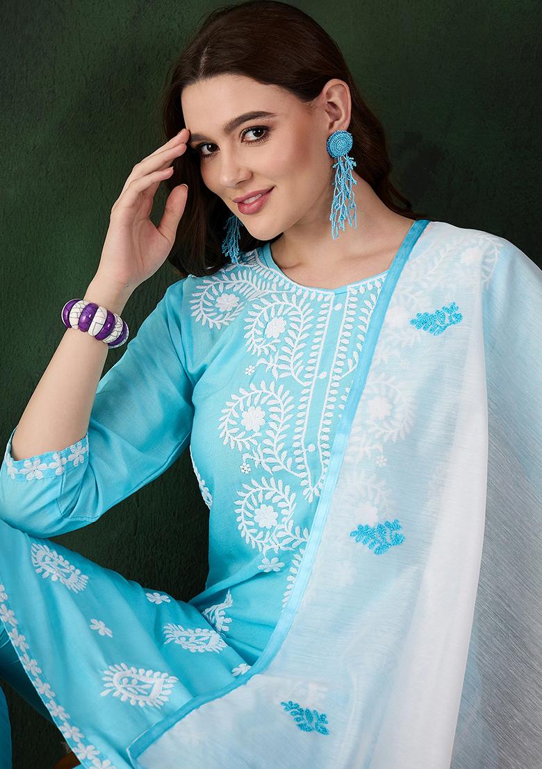 Sky Blue Embroidered Silk Salwar Kameez