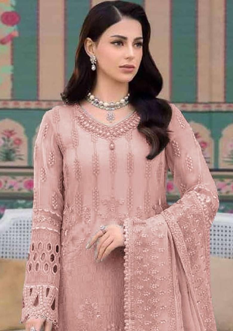 Peach Embroidered Georgette Pakistani Salwar Kameez
