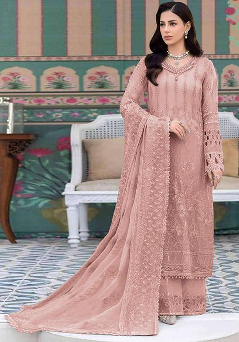 Peach Embroidered Georgette Pakistani Salwar Kameez With Dupatta