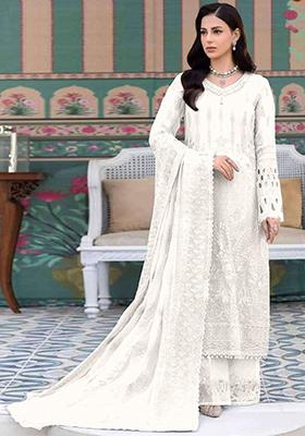 White Embroidered Georgette Pakistani Salwar Kameez With Dupatta