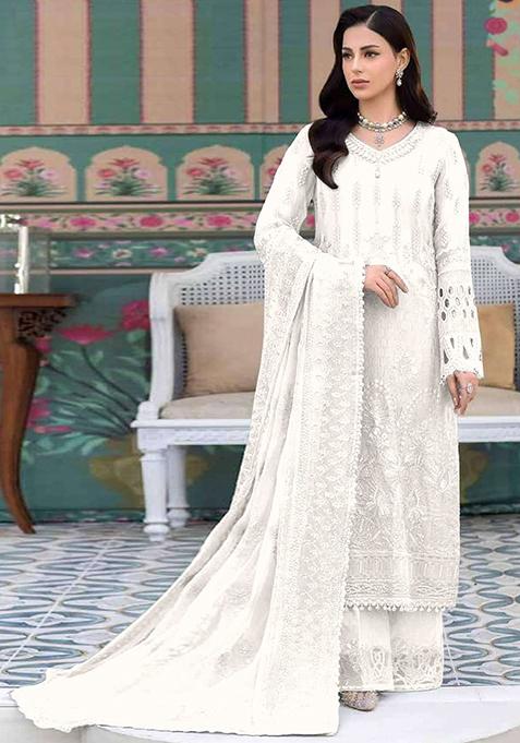 White Embroidered Georgette Pakistani Salwar Kameez With Dupatta