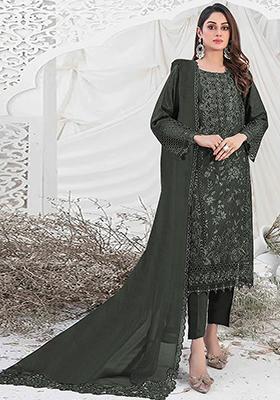 Dark Olive Green Embroidered Georgette Pakistani Salwar Kameez With Dupatta