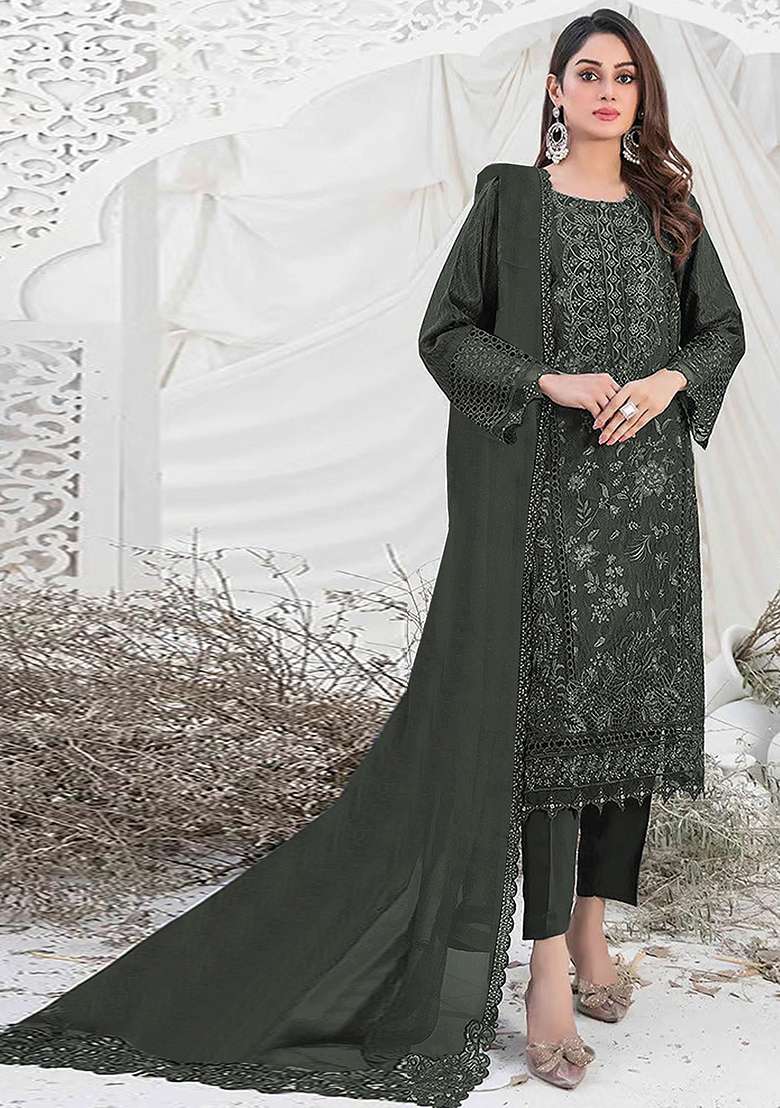 Dark Olive Green Embroidered Georgette Pakistani Salwar Kameez With Dupatta - Indya