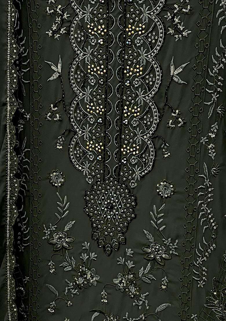 Dark Olive Green Embroidered Georgette Pakistani Salwar Kameez With Dupatta - Indya
