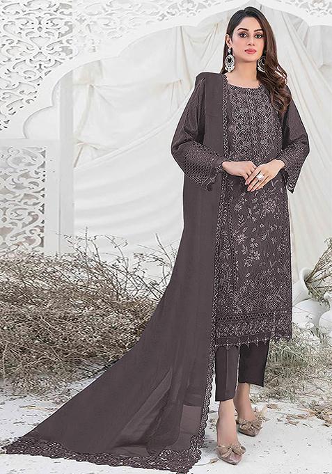 Dark Brown Embroidered Georgette Pakistani Salwar Kameez With Dupatta