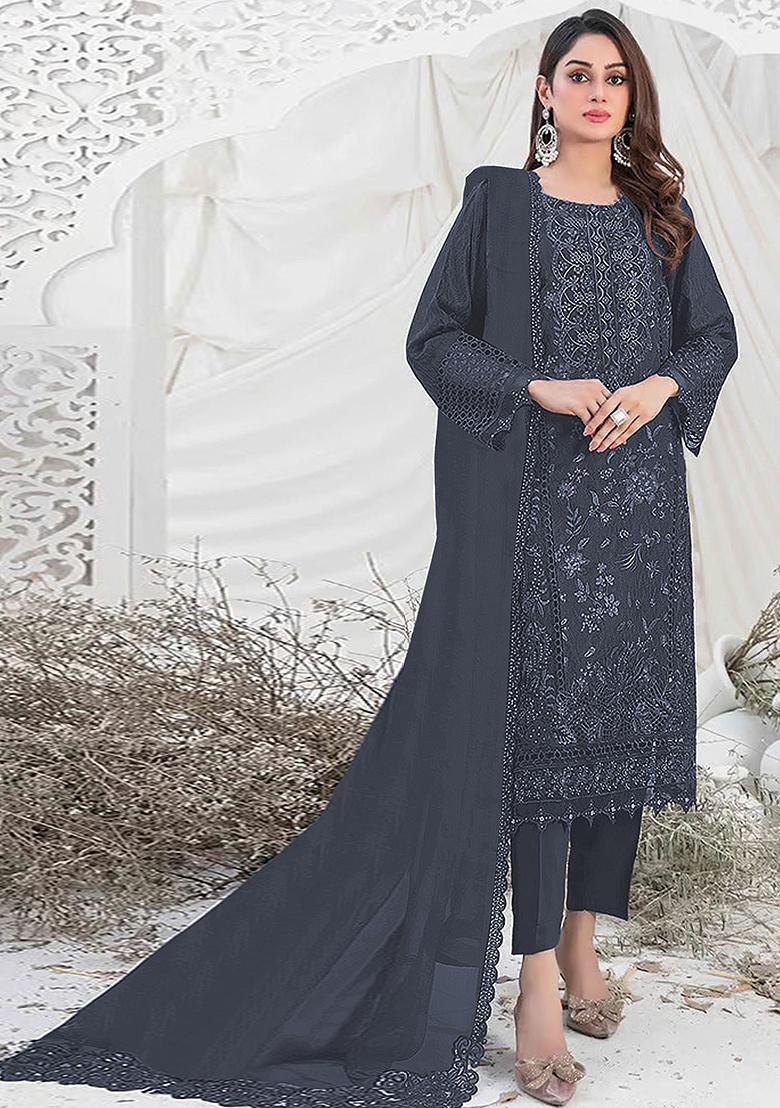 Dark Grey Embroidered Georgette Pakistani Salwar Kameez With Dupatta
