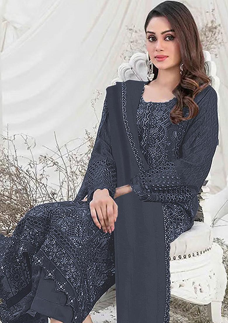 Dark Grey Embroidered Georgette Pakistani Salwar Kameez
