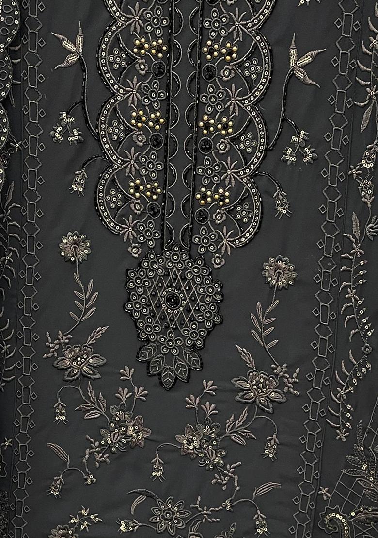 Dark Grey Embroidered Georgette Pakistani Salwar Kameez With Dupatta