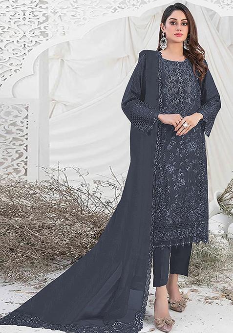 Dark Grey Embroidered Georgette Pakistani Salwar Kameez With Dupatta