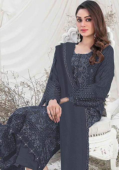 Dark Grey Embroidered Georgette Pakistani Salwar Kameez With Dupatta