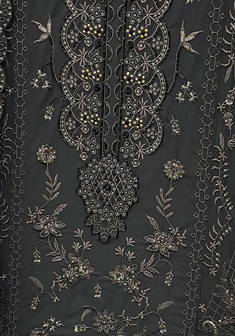 Dark Grey Embroidered Georgette Pakistani Salwar Kameez With Dupatta