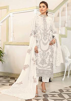 White Embroidered Georgette Pakistani Salwar Kameez With Dupatta