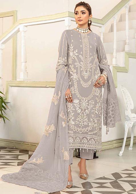 Grey Embroidered Georgette Pakistani Salwar Kameez With Dupatta