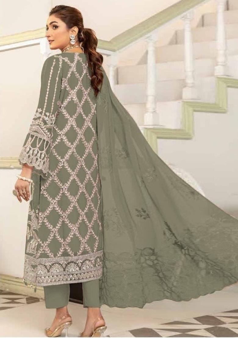 Olive Embroidered Georgette Pakistani Salwar Kameez