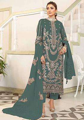 Green Embroidered Georgette Pakistani Salwar Kameez With Dupatta