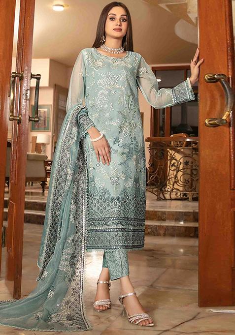 Sky Blue Embroidered Organza Pakistani Salwar Kameez With Dupatta