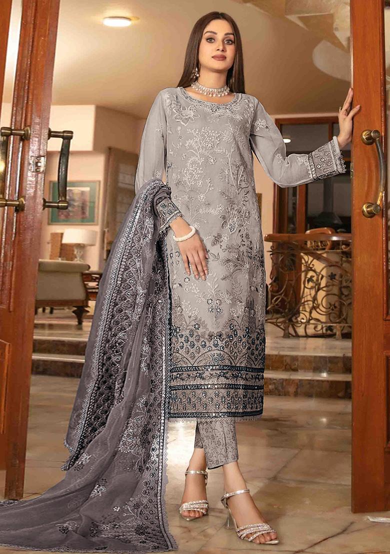 Beige Embroidered Organza Pakistani Salwar Kameez With Dupatta