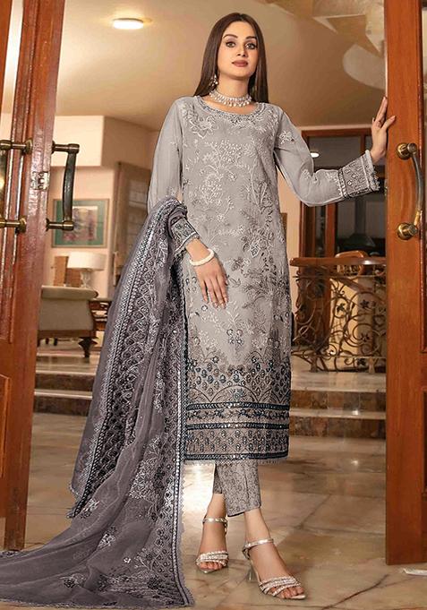 Beige Embroidered Organza Pakistani Salwar Kameez With Dupatta