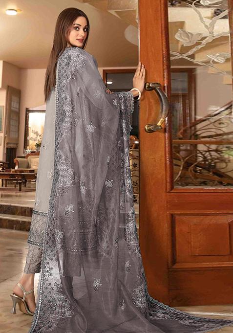 Beige Embroidered Organza Pakistani Salwar Kameez With Dupatta