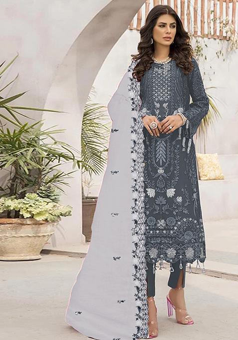 Grey Embroidered Georgette Pakistani Salwar Kameez With Dupatta