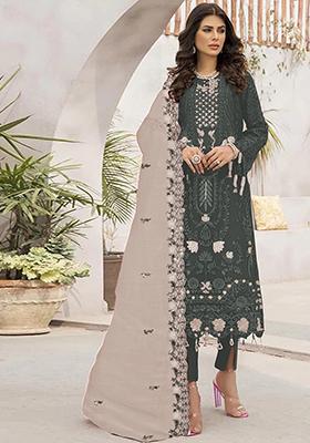 Mehendi Green Embroidered Georgette Pakistani Salwar Kameez With Dupatta