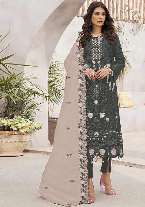 Mehendi Green Embroidered Georgette Pakistani Salwar Kameez With Dupatta