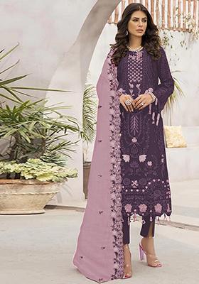 Purple Embroidered Georgette Pakistani Salwar Kameez With Dupatta