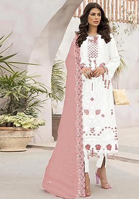Off White Embroidered Georgette Pakistani Salwar Kameez With Dupatta