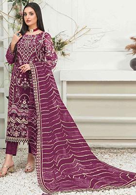 Dark Pink Embroidered Organza Pakistani Salwar Kameez With Dupatta