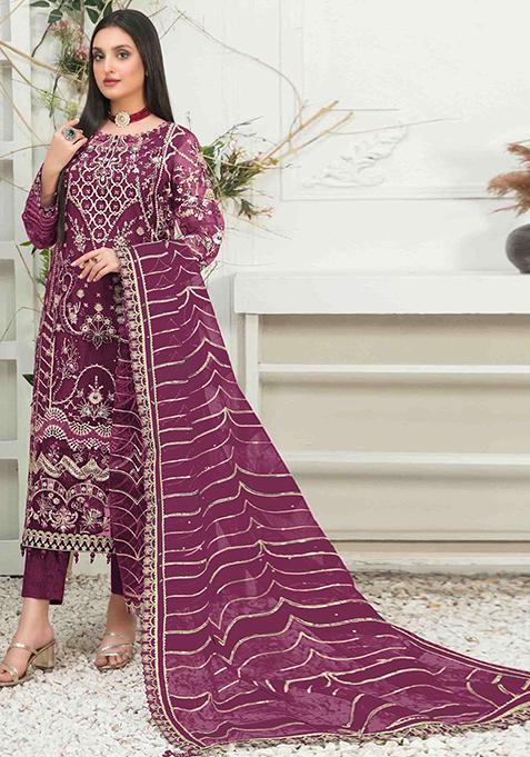 Dark Pink Embroidered Organza Pakistani Salwar Kameez With Dupatta