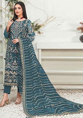 Teal Green Embroidered Organza Pakistani Salwar Kameez
