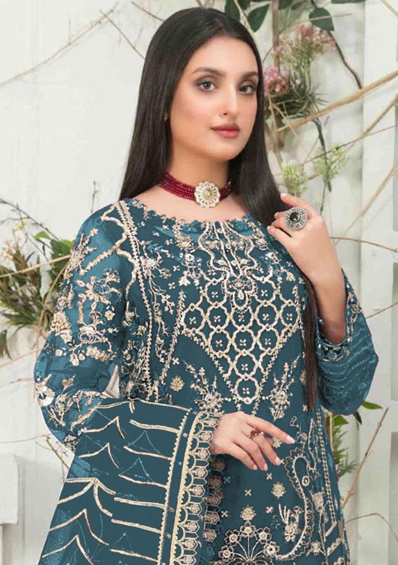 Teal Green Embroidered Organza Pakistani Salwar Kameez