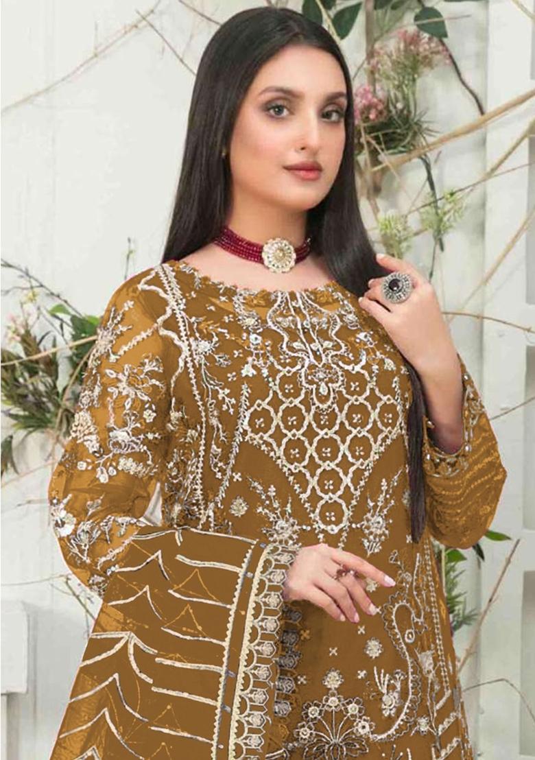 Mustard Yellow Embroidered Organza Pakistani Salwar Kameez