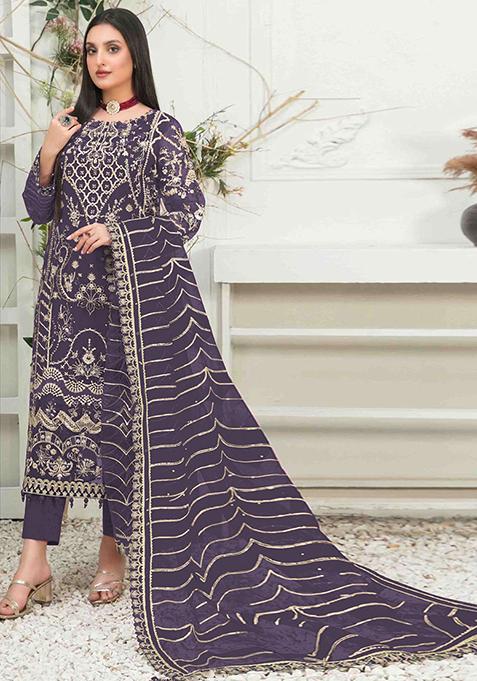 Purple Embroidered Organza Pakistani Salwar Kameez With Dupatta