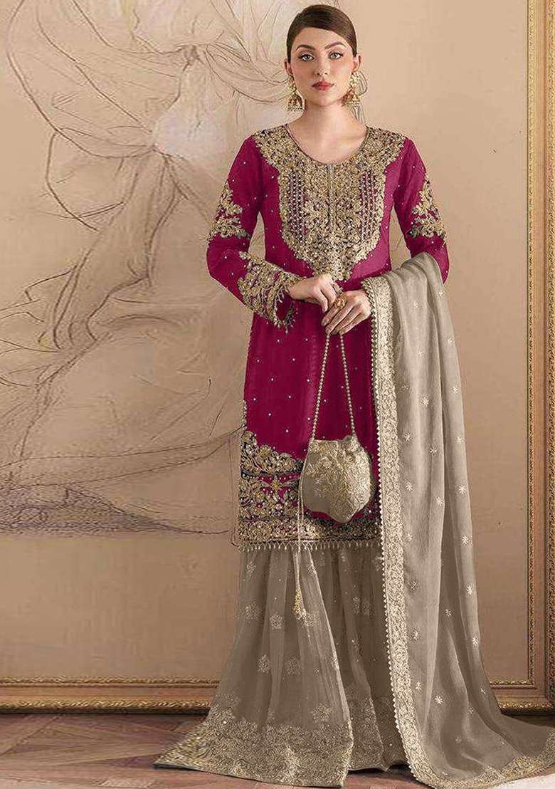 Pink Embroidered Georgette Sharara Set - Indya