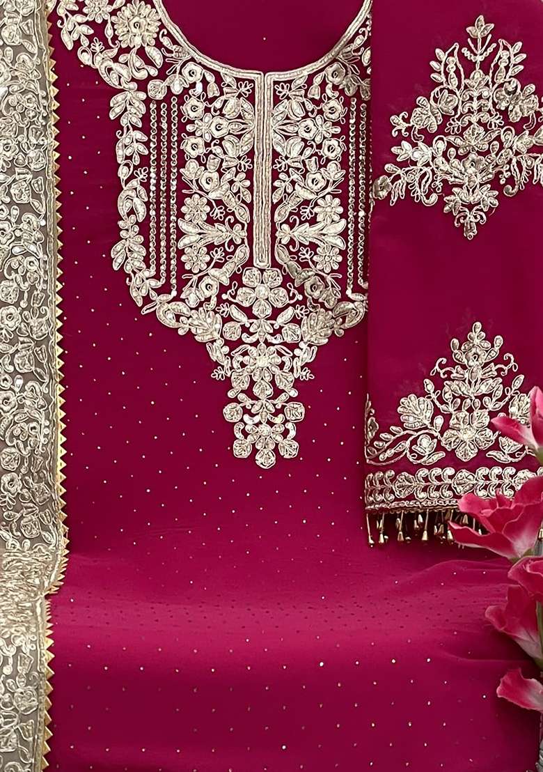 Pink Embroidered Georgette Sharara Set - Indya