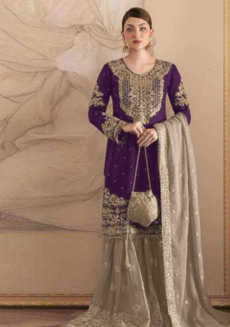 Lavender Embroidered Georgette Sharara Set - Indya