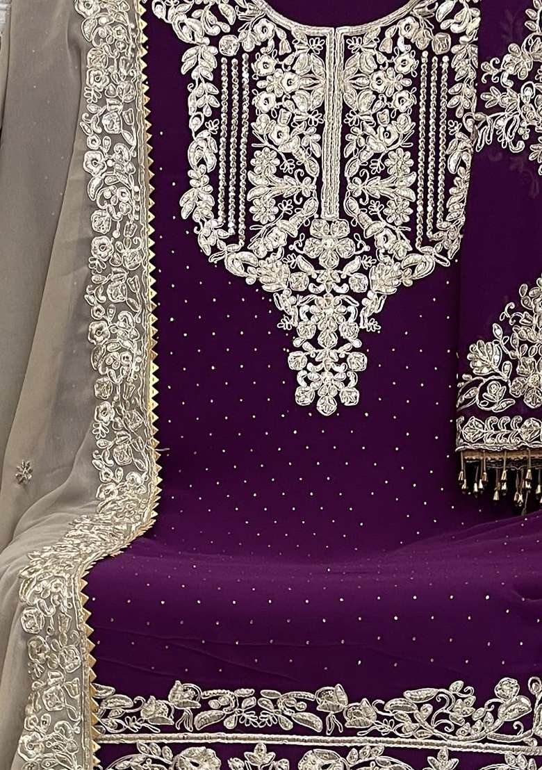 Lavender Embroidered Georgette Sharara Set - Indya