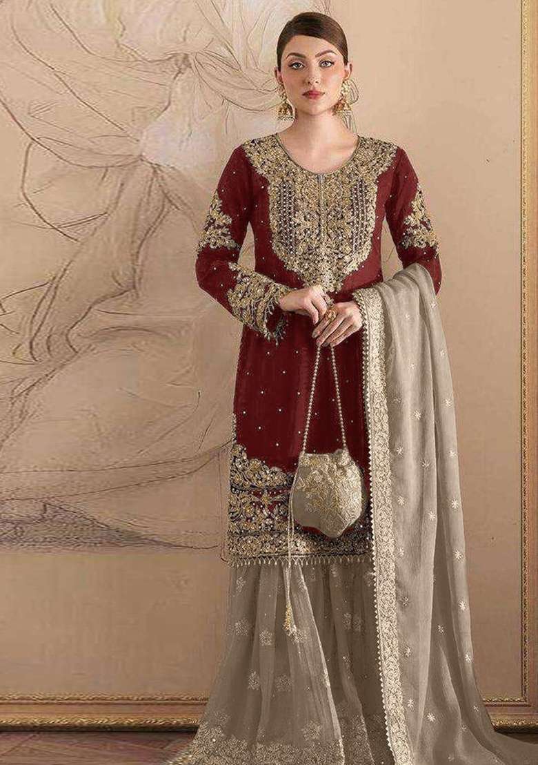 Maroon Embroidered Georgette Sharara Set - Indya
