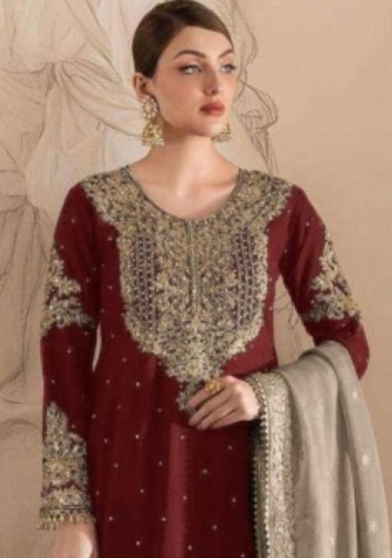 Maroon Embroidered Georgette Pakistani Salwar Kameez