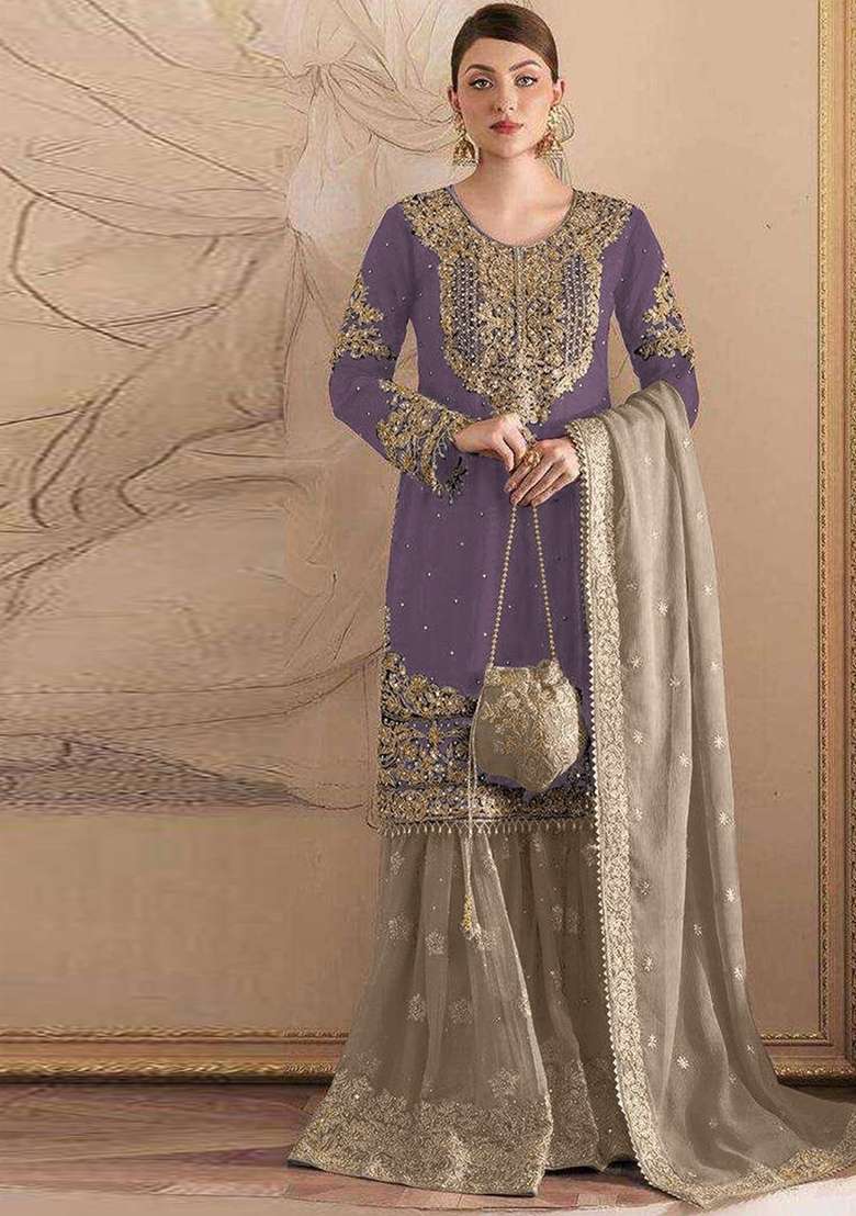 Purple Embroidered Georgette Sharara Set - Indya