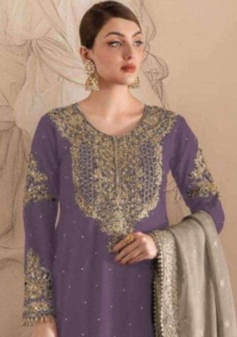 Purple Embroidered Georgette Pakistani Salwar Kameez