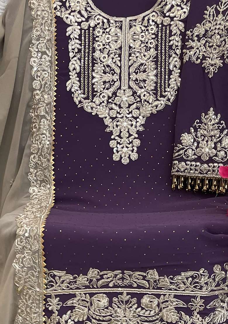 Purple Embroidered Georgette Sharara Set - Indya