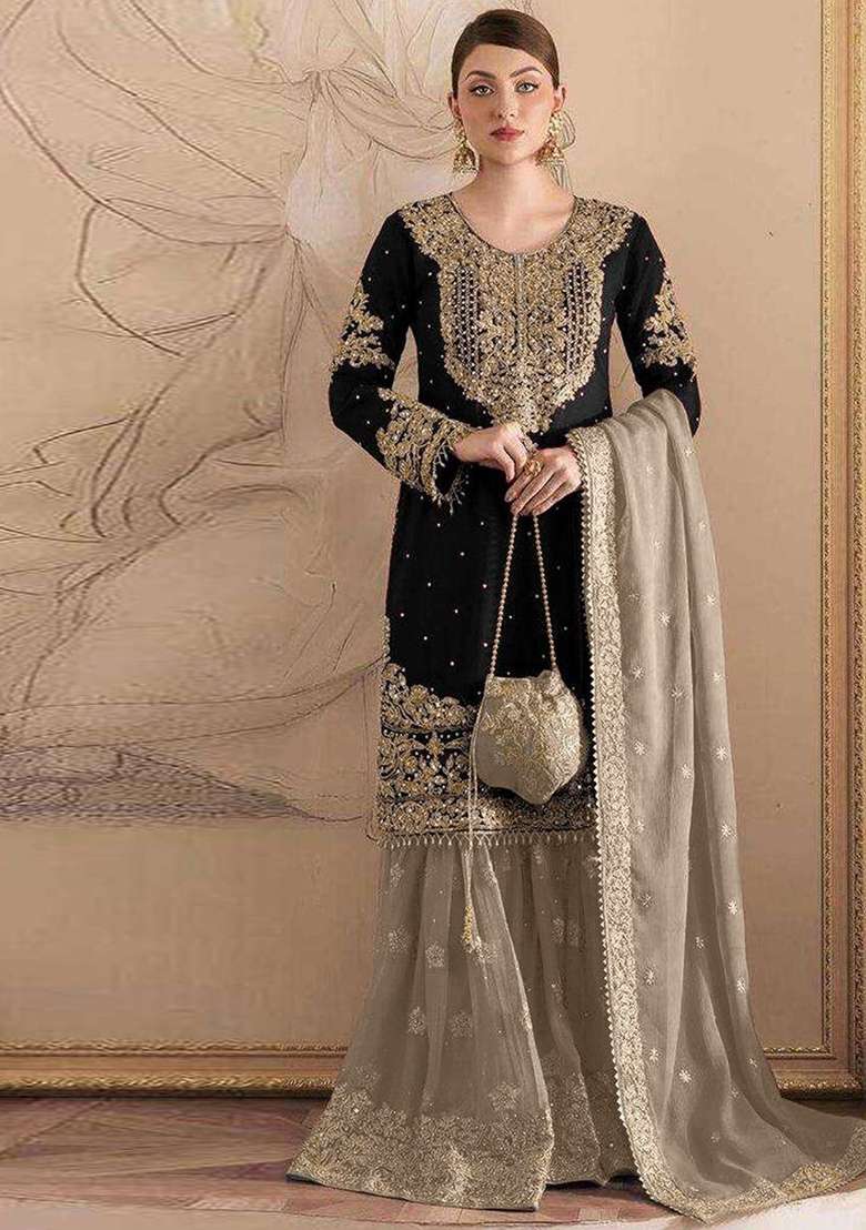 Black Embroidered Georgette Sharara Set - Indya