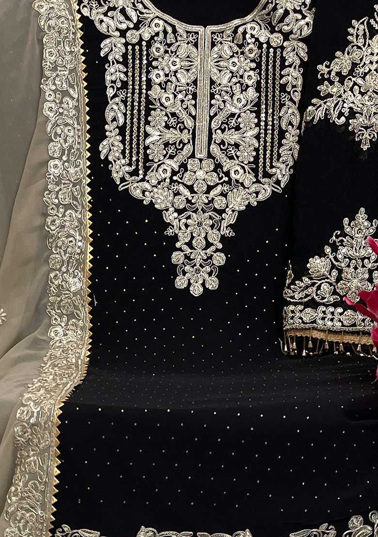 Black Embroidered Georgette Sharara Set - Indya